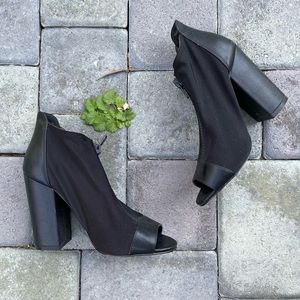 Black Leather Trim. Open Toe, Zipper Front Bootie